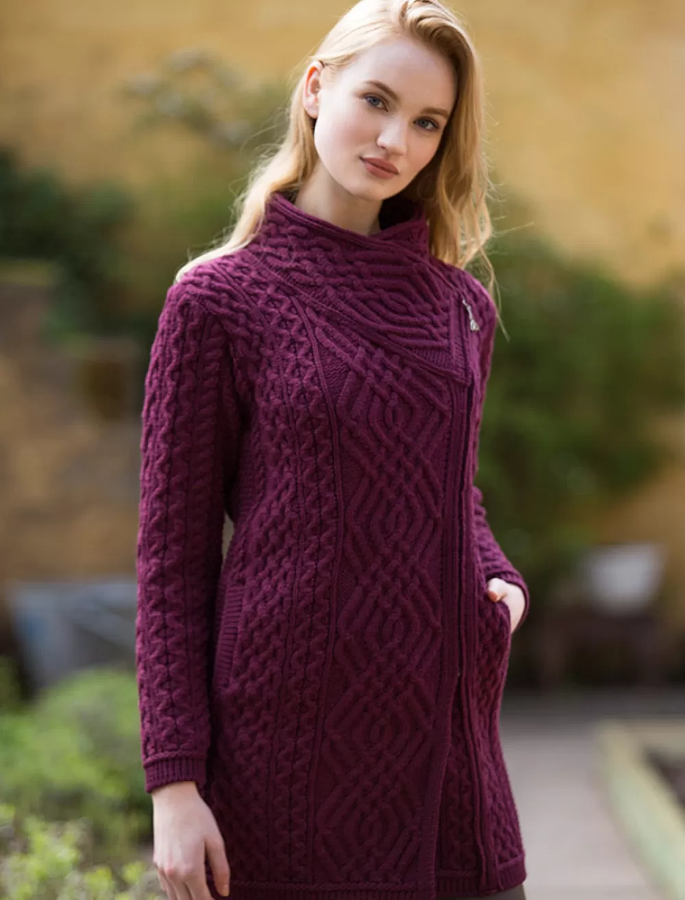 Clearance Aran Knit Coatigan with Celtic Knot Side Zip Women Cardigans, Jackets & Coatigans