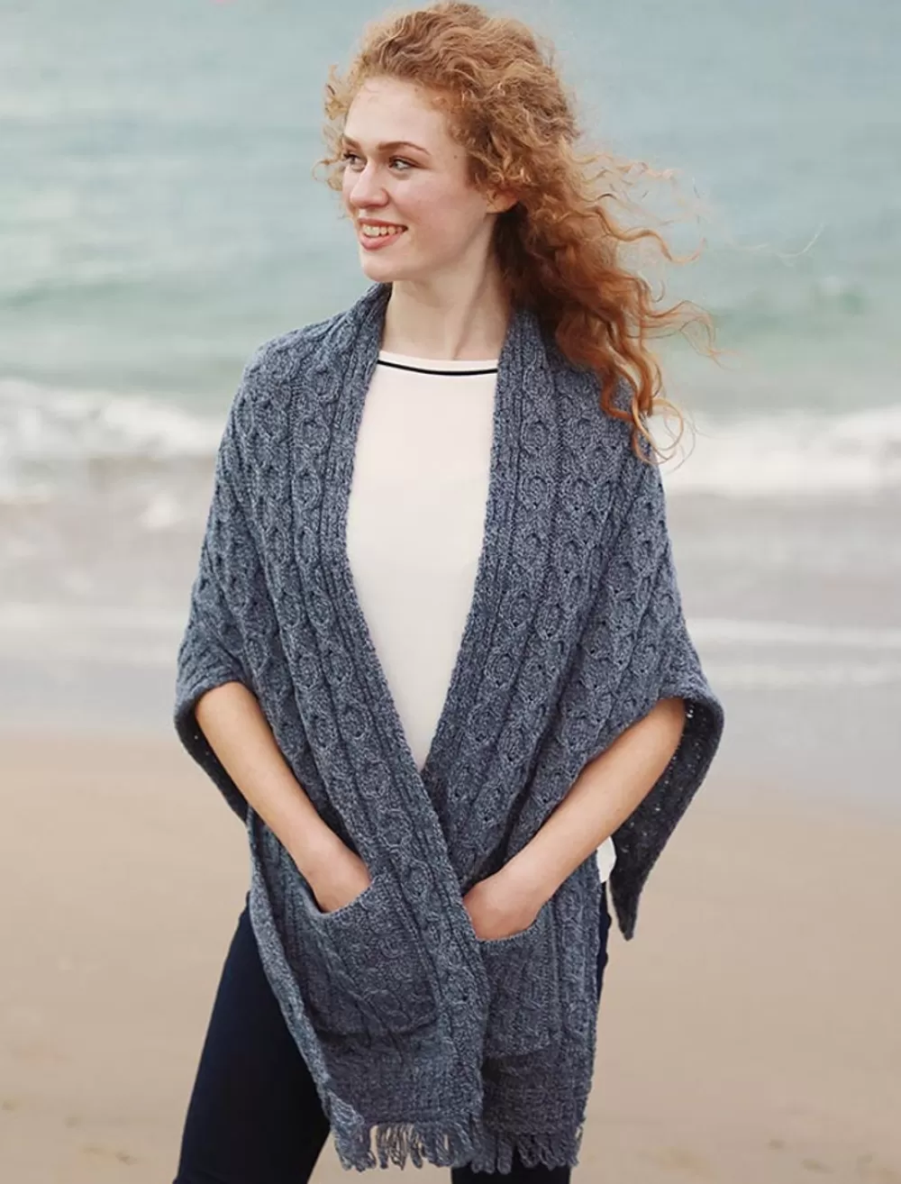 Store Aran Shawl Wrap with Pockets Women Ponchos, Capes & Shawls