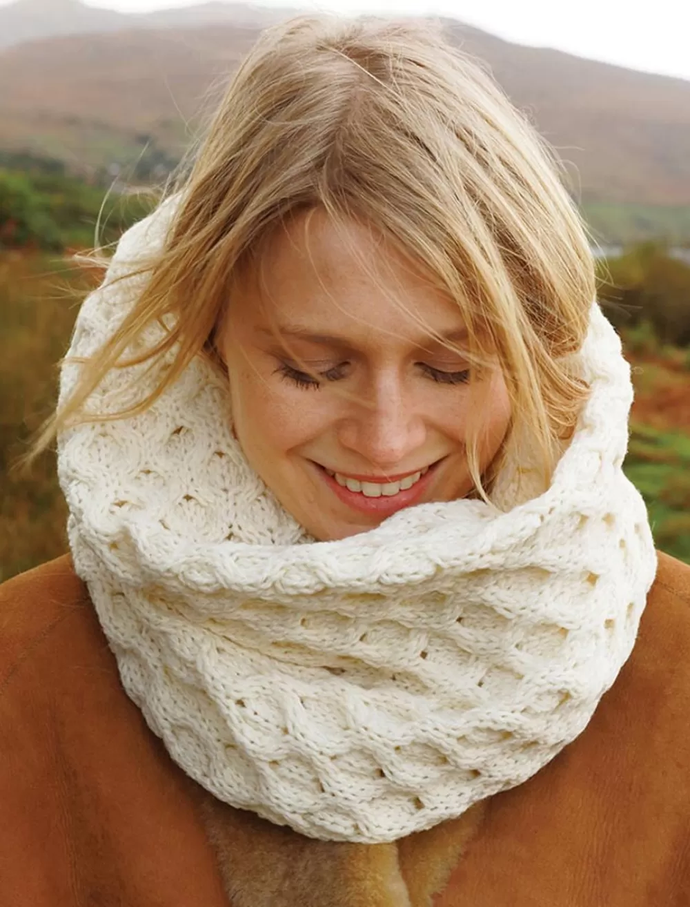 Shop Aran Snood Scarf Women Knitted Wool Scarves