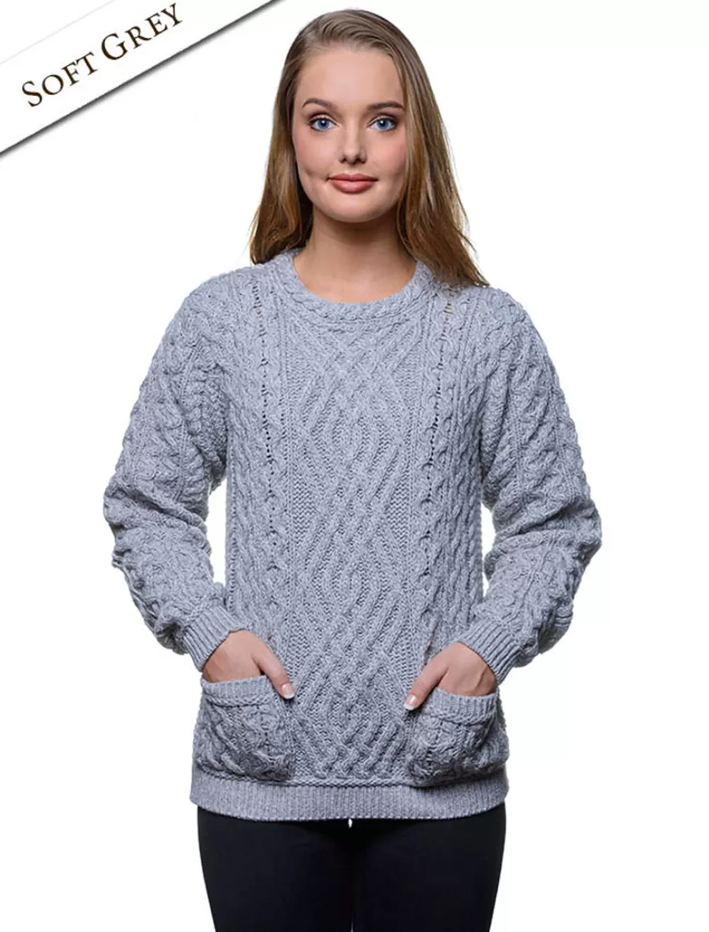 Clearance Cable Crew Neck Sweater with Pockets Women Sweaters