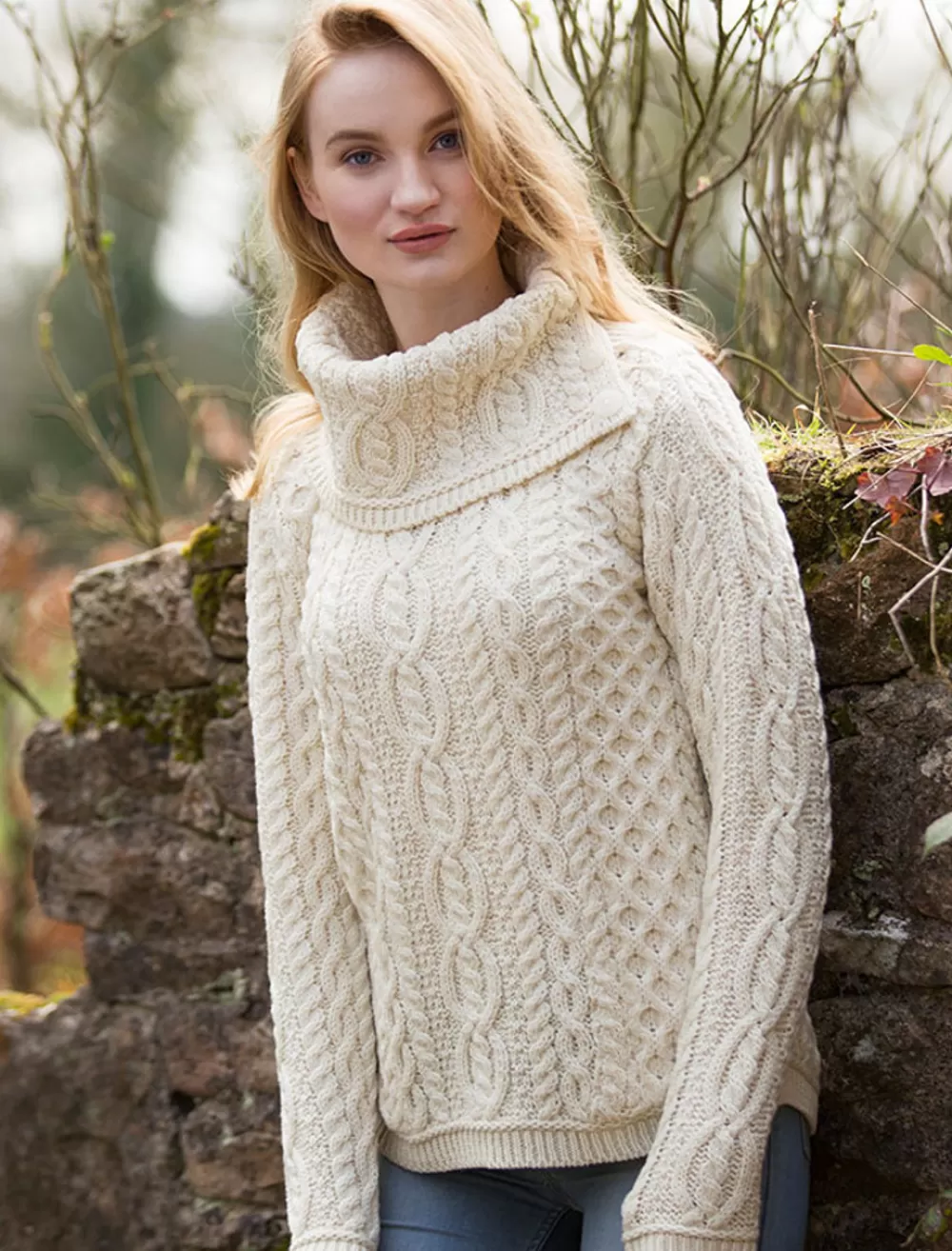 Store Cowl Button Neck Aran Sweater Women Sweaters