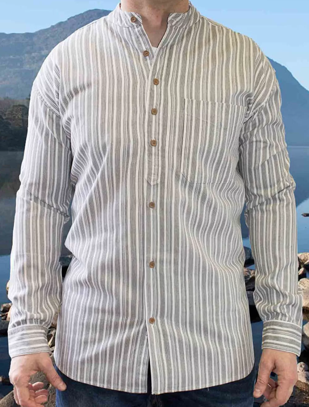 New Heavyweight Grandfather Shirt - Grey Stripe Grandfather Shirts And Waistcoats