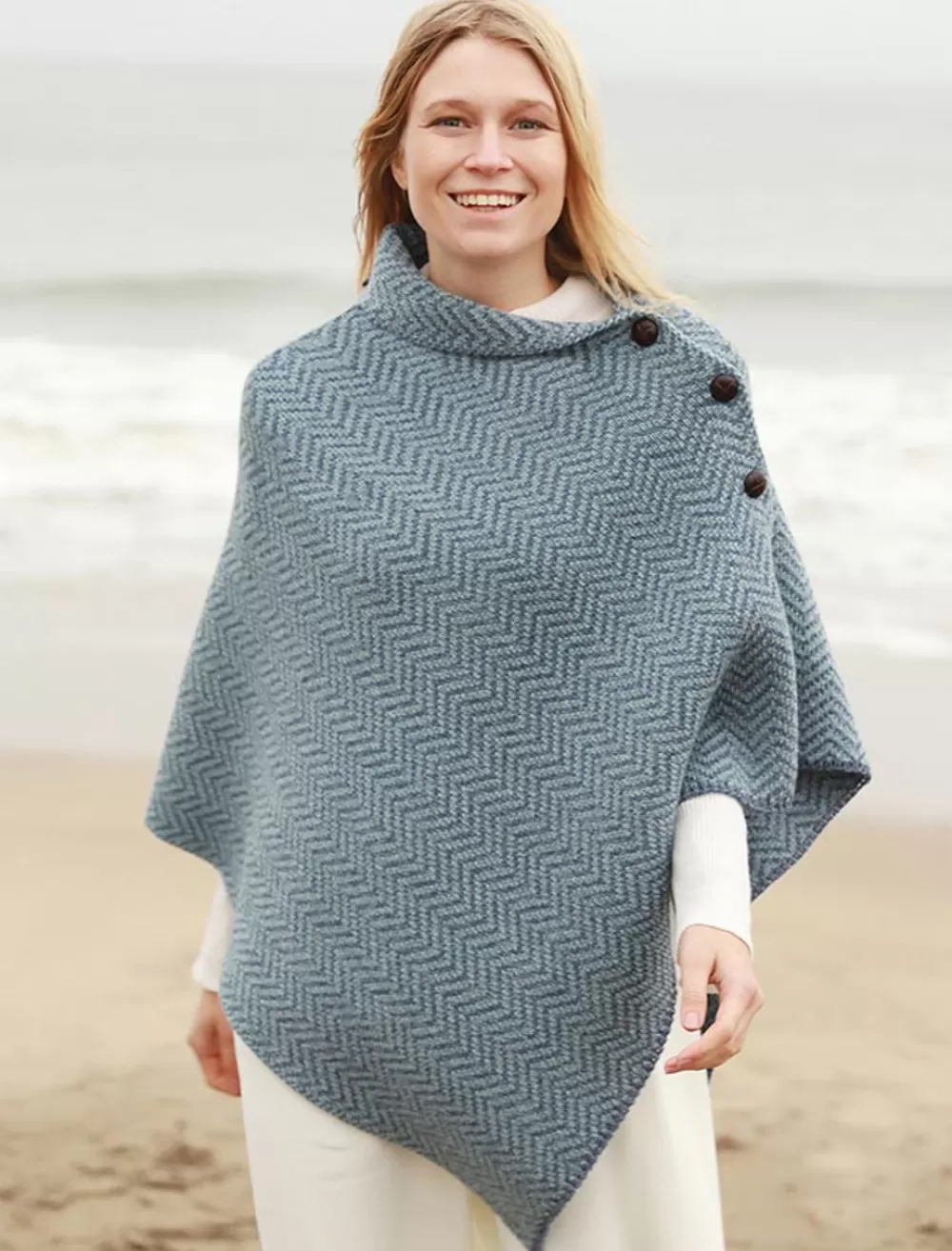 Discount Herringbone Merino Poncho with Button Detail Women Ponchos, Capes & Shawls