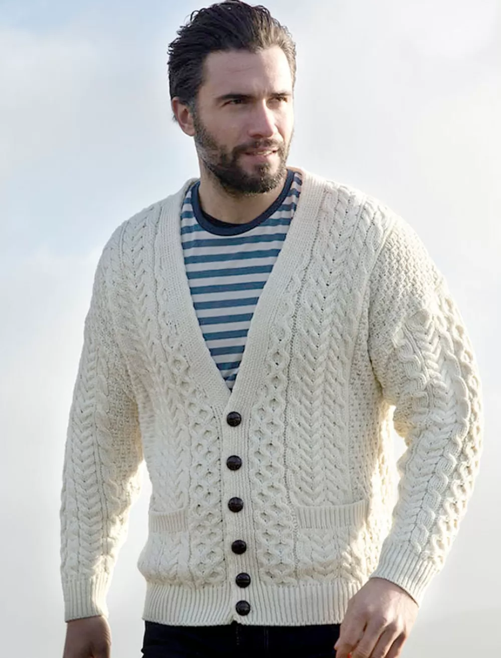 Discount Merino Wool Aran Men's V-Neck Cardigan Cardigans, Jackets & Coats