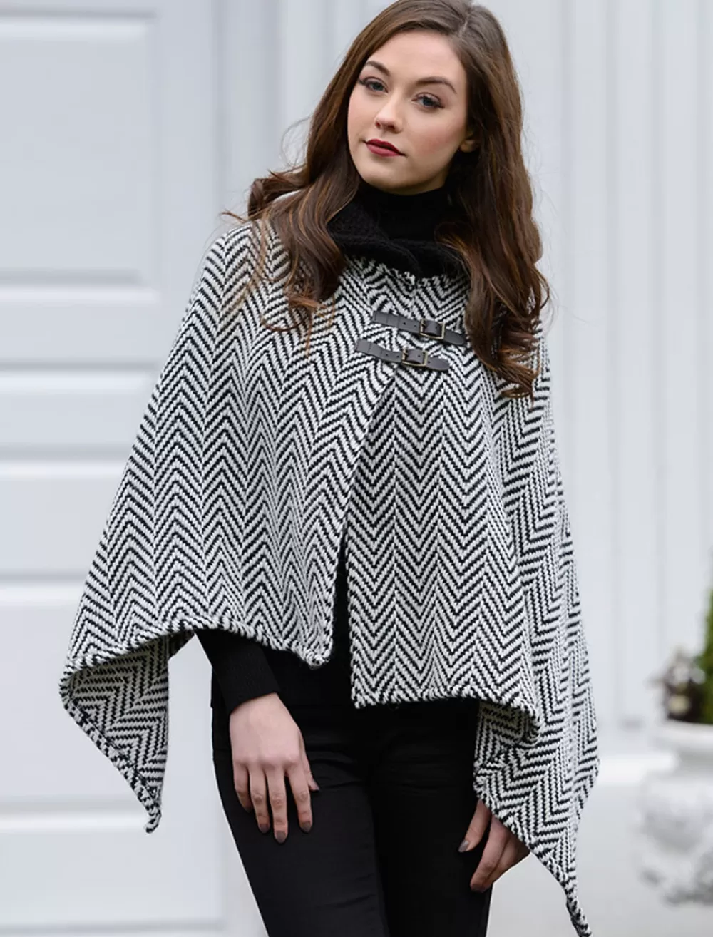 Discount Shawl Collar Herringbone Poncho with Buckle Detail Women Ponchos, Capes & Shawls