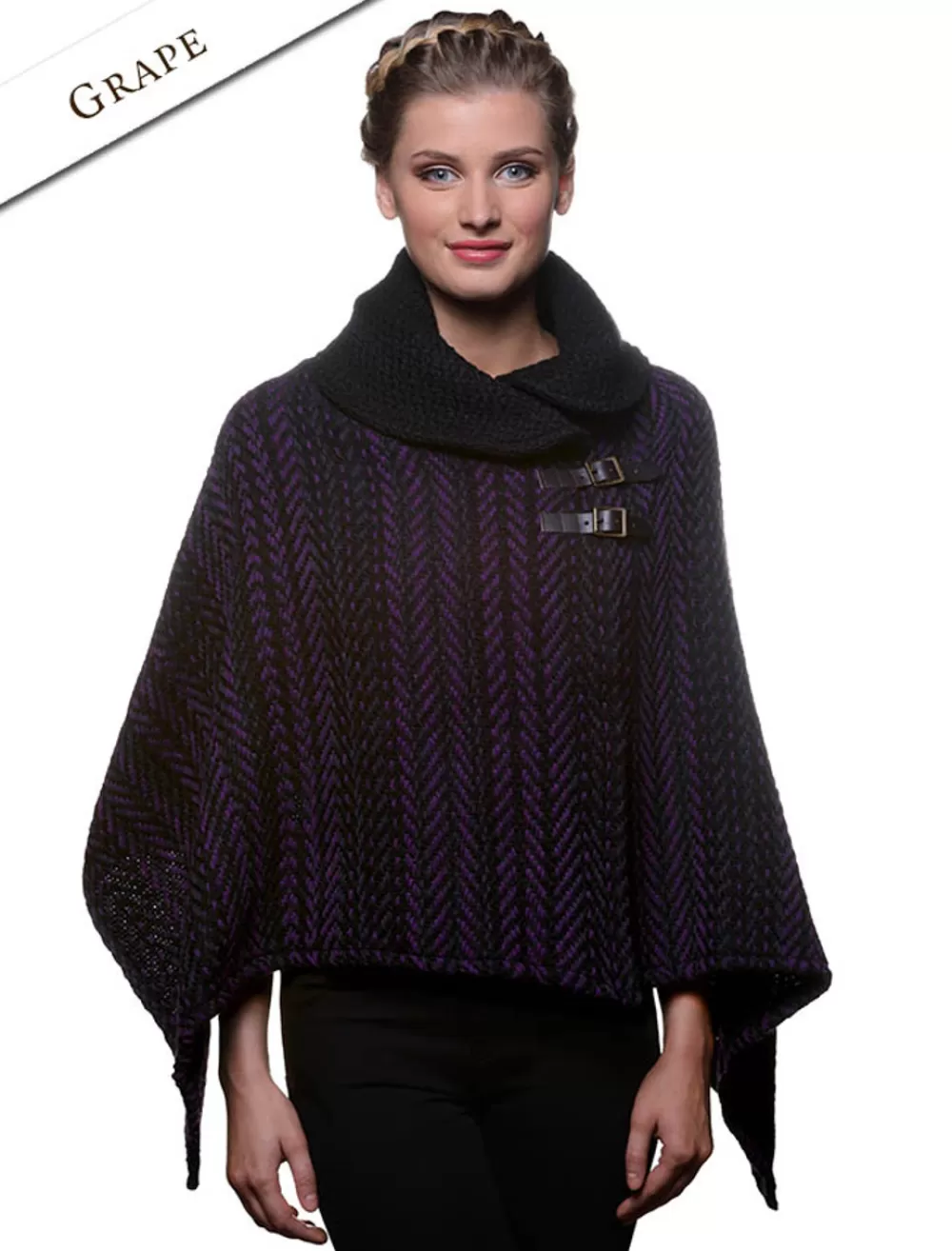 Discount Shawl Collar Herringbone Poncho with Buckle Detail Women Ponchos, Capes & Shawls