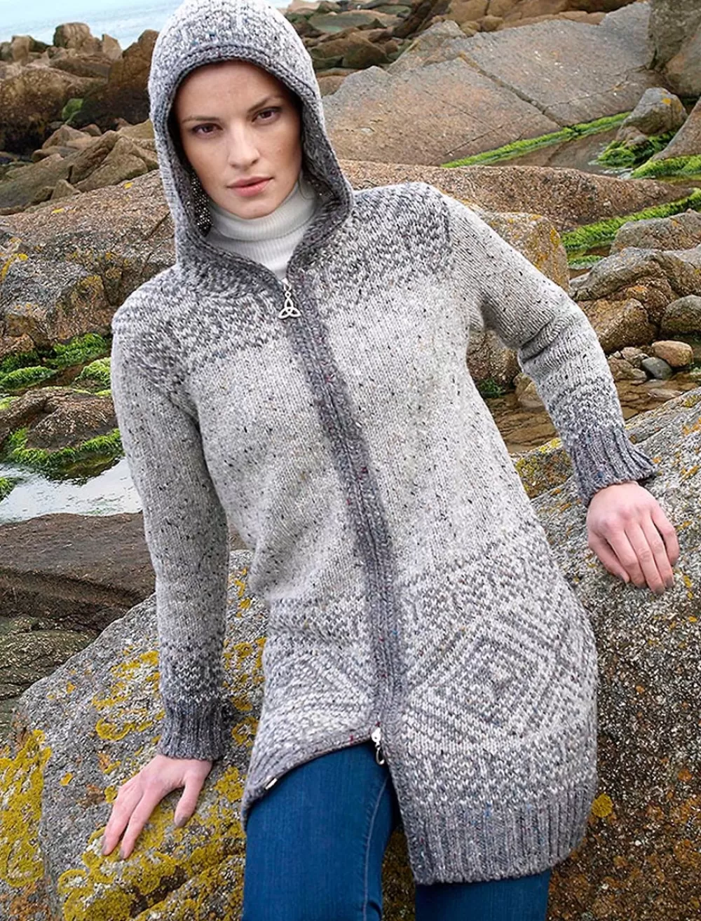 Flash Sale Women's Fair Isle Long Hooded Coatigan with Celtic Knot Zipper Pull Women Cardigans, Jackets & Coatigans